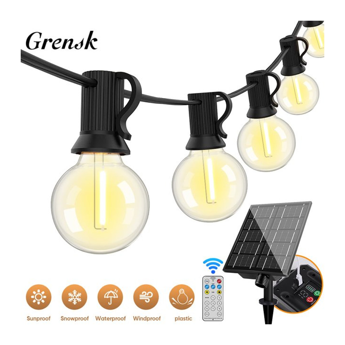 Grensk LED Solar Lichterkette mit G40 Retro Glühbirnen in Schwarz, wasserdicht für Garten und Terrasse - Bild 1