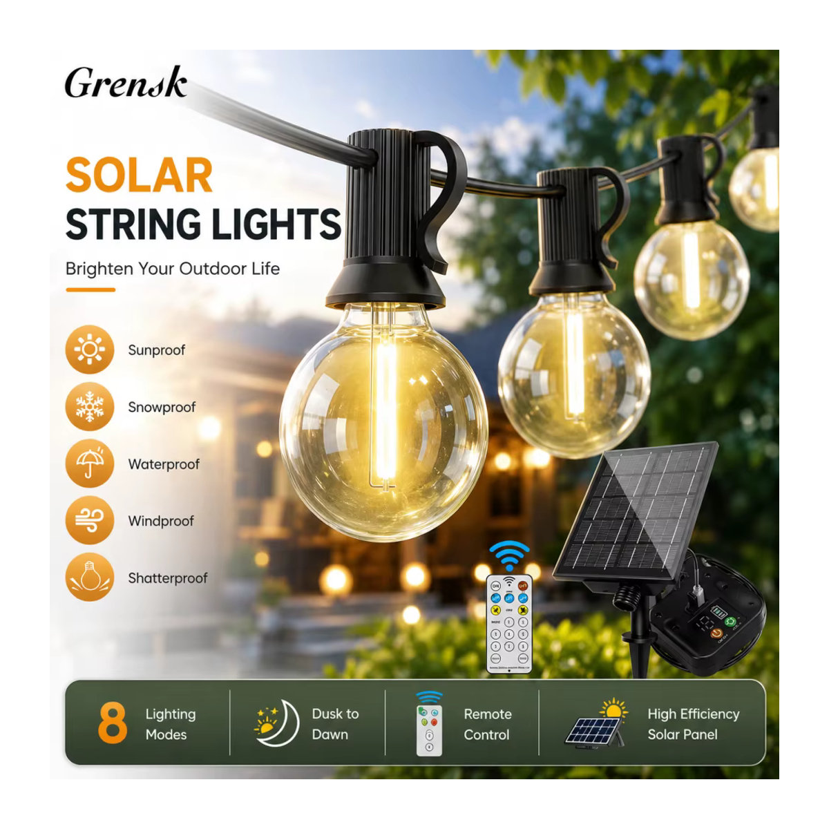 Grensk LED Solar Lichterkette mit G40 Retro Glühbirnen in Schwarz, wasserdicht für Garten und Terrasse - Bild 2