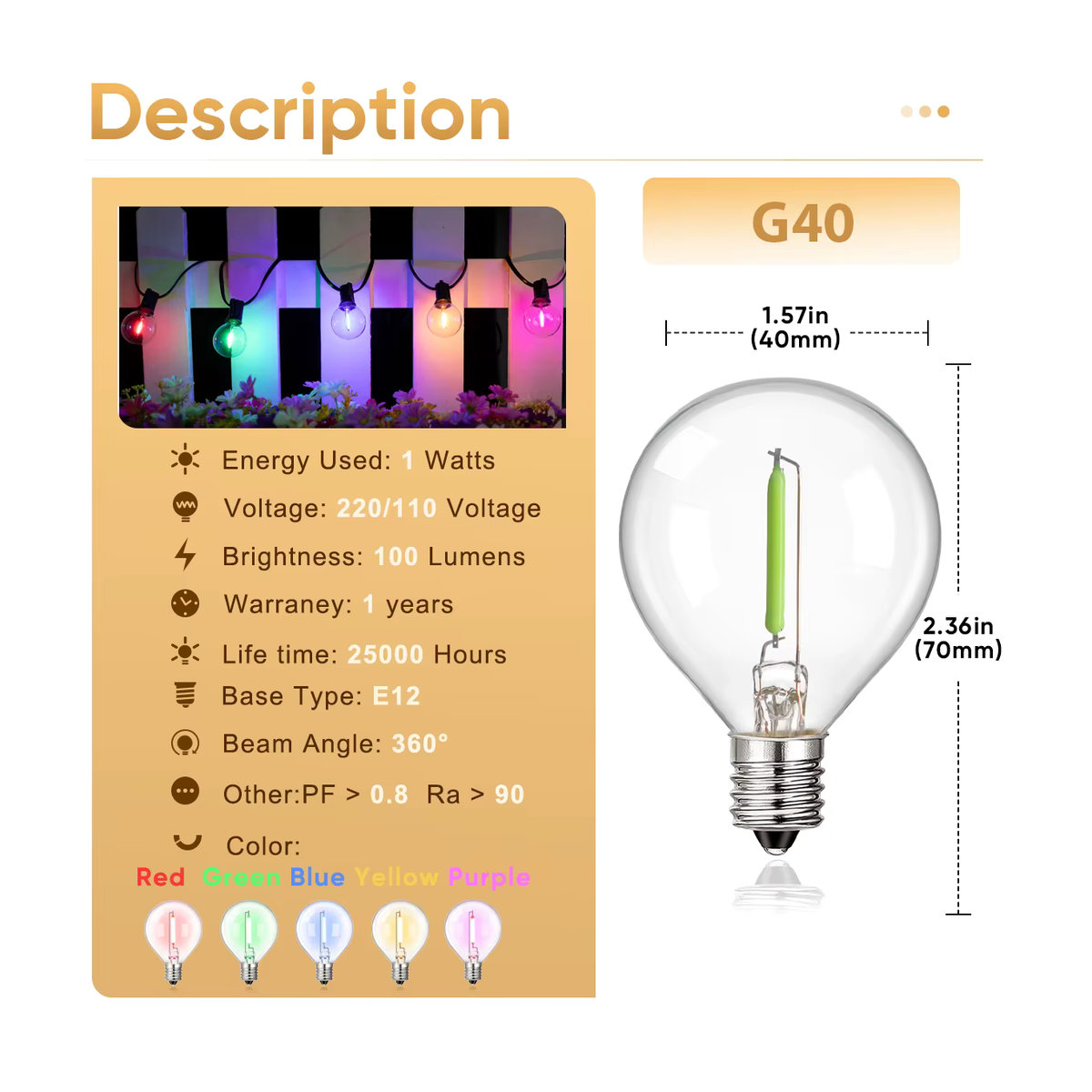 Grensk Mehrfarbige G40 LED Lichterkette mit E12 Fassung und RGB Filament für den Außenbereich, Wasserdicht - Bild 2
