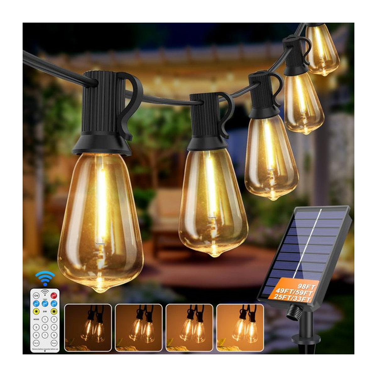 Grensk Solar Globe LED-Lichterkette G40 in Schwarz mit USB-Ladegerät, 8 Lichtmodi und Fernbedienung, wetterfeste Solarleuchte für Garten und Terrasse - Bild 1