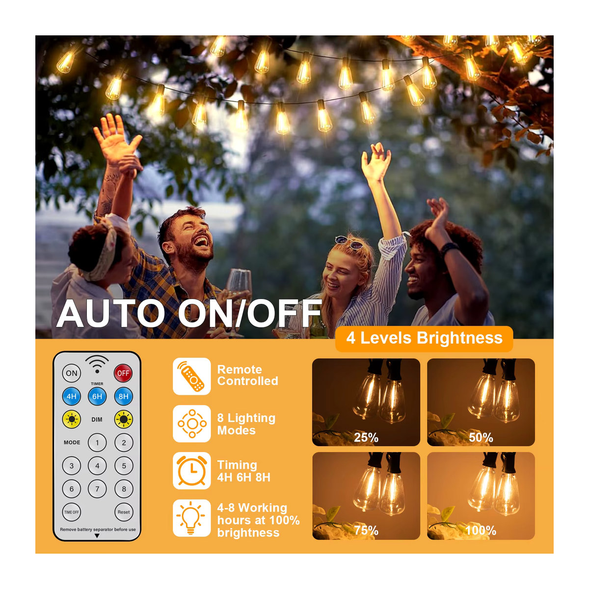 Grensk Solar Globe LED-Lichterkette G40 in Schwarz mit USB-Ladegerät, 8 Lichtmodi und Fernbedienung, wetterfeste Solarleuchte für Garten und Terrasse - Bild 2