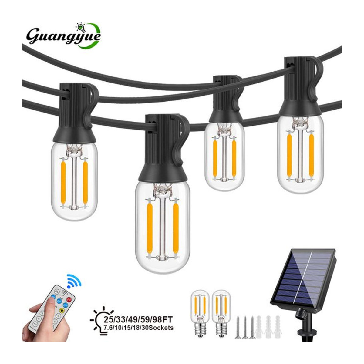 Grensk Solar-Lichterkette für den Außenbereich mit LED T22-Glühbirnen, wasserdichte Solarleuchte in Schwarz für Garten, Terrasse und Bistro - Bild 1
