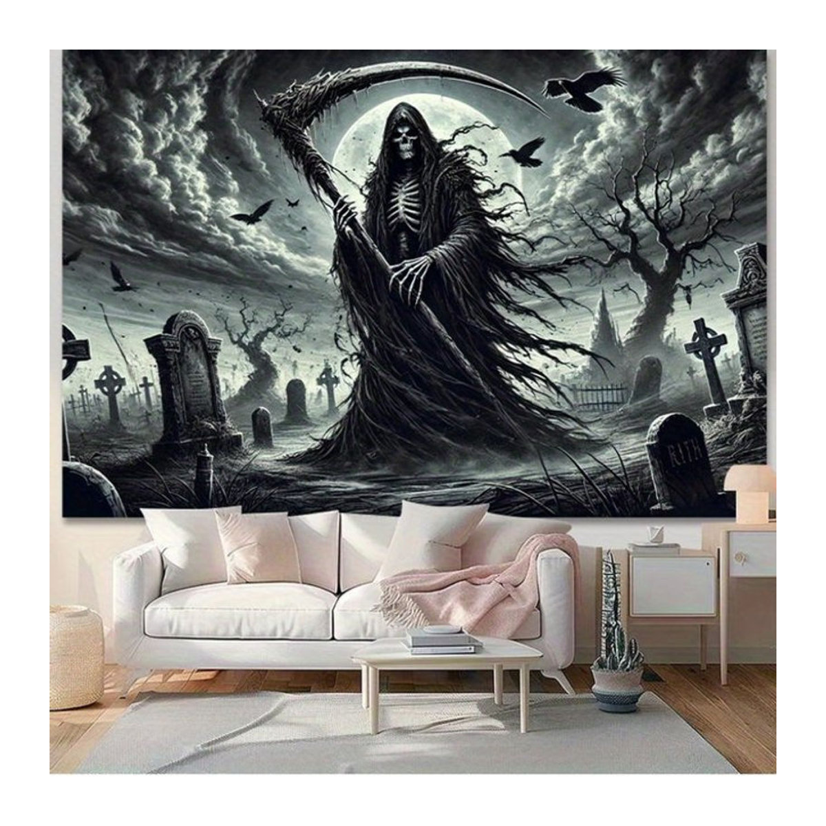 Grim Reaper Wandbehang mit gruseliger Friedhofszene für Halloween, schwarzer Textil-Wandteppich, B/H: 60 x 40 cm - Bild 1