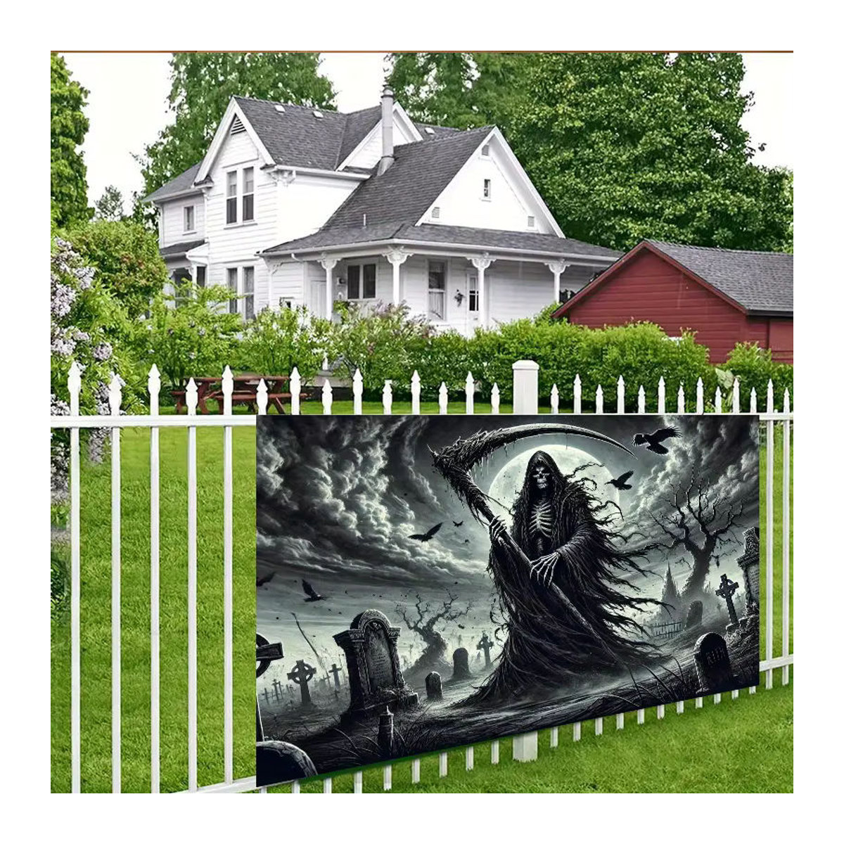 Grim Reaper Wandbehang mit gruseliger Friedhofszene für Halloween, schwarzer Textil-Wandteppich, B/H: 60 x 40 cm - Bild 2