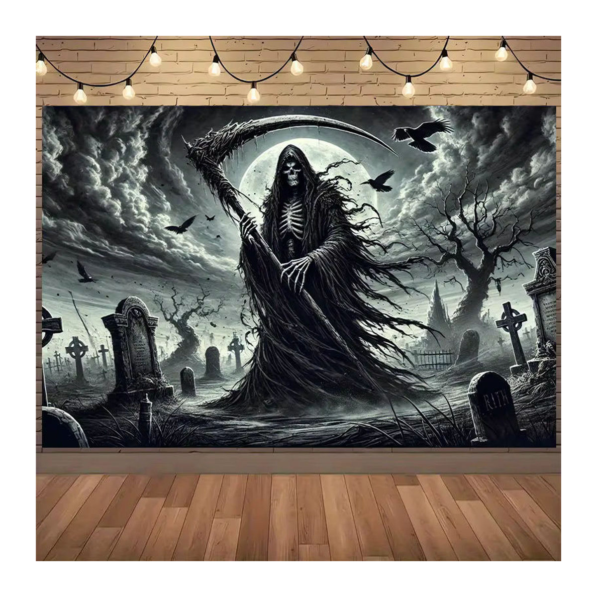 Grim Reaper Wandbehang mit gruseliger Friedhofszene für Halloween, schwarzer Textil-Wandteppich, B/H: 60 x 40 cm - Bild 3