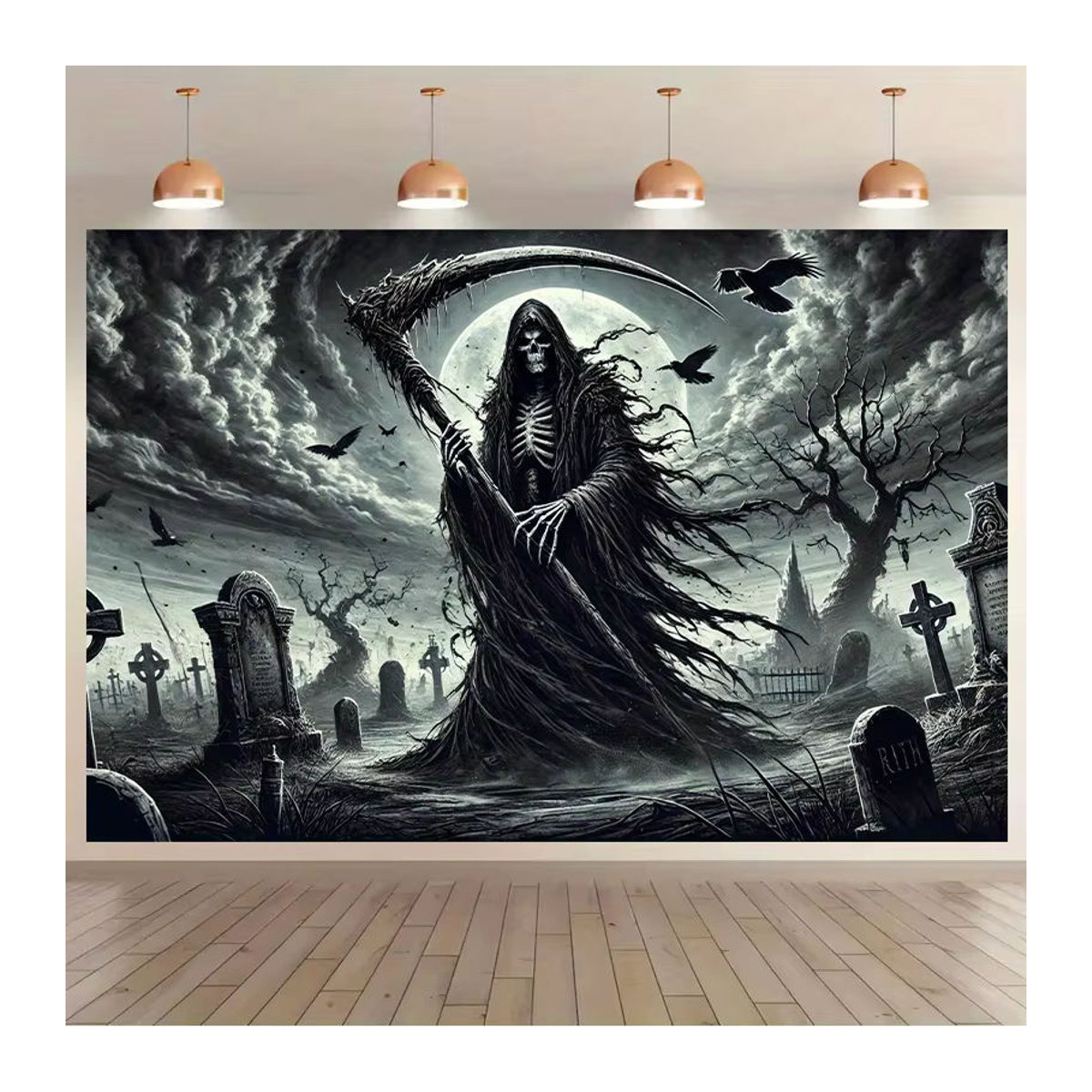 Grim Reaper Wandbehang mit gruseliger Friedhofszene für Halloween, schwarzer Textil-Wandteppich, B/H: 60 x 40 cm - Bild 4