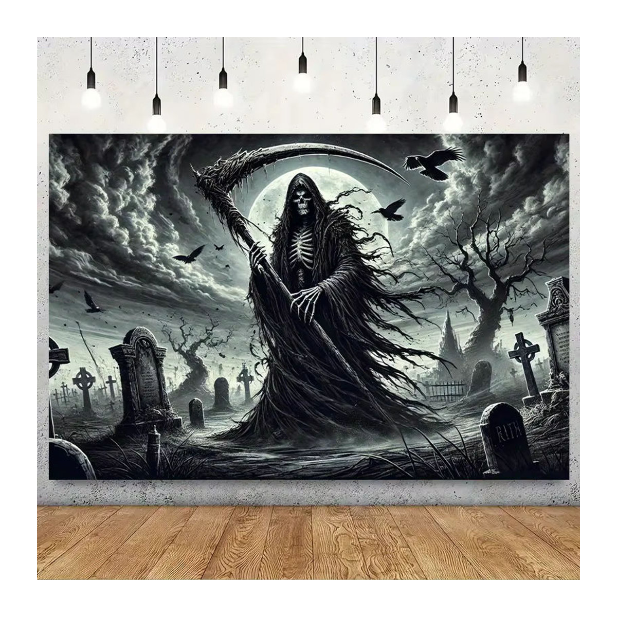 Grim Reaper Wandbehang mit gruseliger Friedhofszene für Halloween, schwarzer Textil-Wandteppich, B/H: 60 x 40 cm - Bild 5