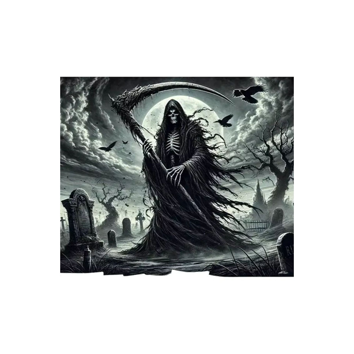 Grim Reaper Wandbehang mit gruseliger Friedhofszene für Halloween, schwarzer Textil-Wandteppich, B/H: 60 x 40 cm - Bild 6