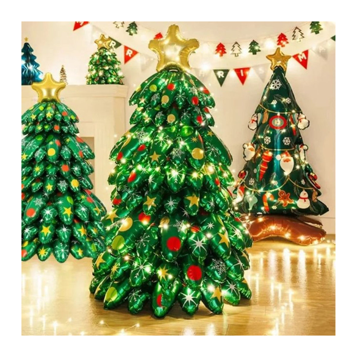 Großer 3D Weihnachtsbaum-Folienballon in Grün mit LED-Leuchten als stehende Weihnachtsdekoration - Bild 1