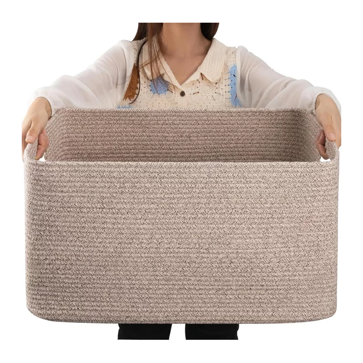 Großer Deckenkorb aus gewebtem Baumwollseil mit Griff in Beige und Braun, rechteckig und freistehend - Bild 1