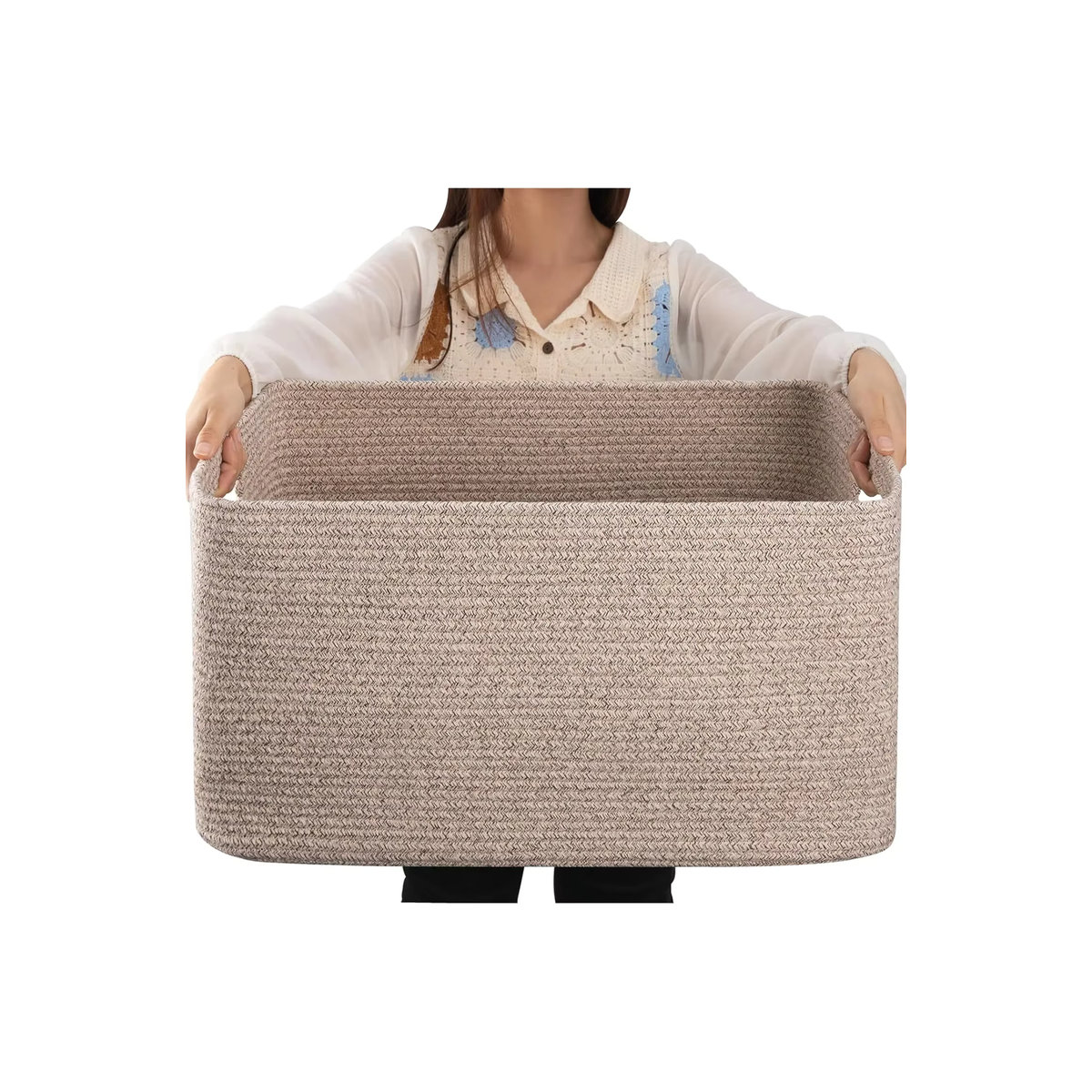 Großer Deckenkorb aus gewebtem Baumwollseil mit Griff in Beige und Braun, rechteckig und freistehend - Bild 5