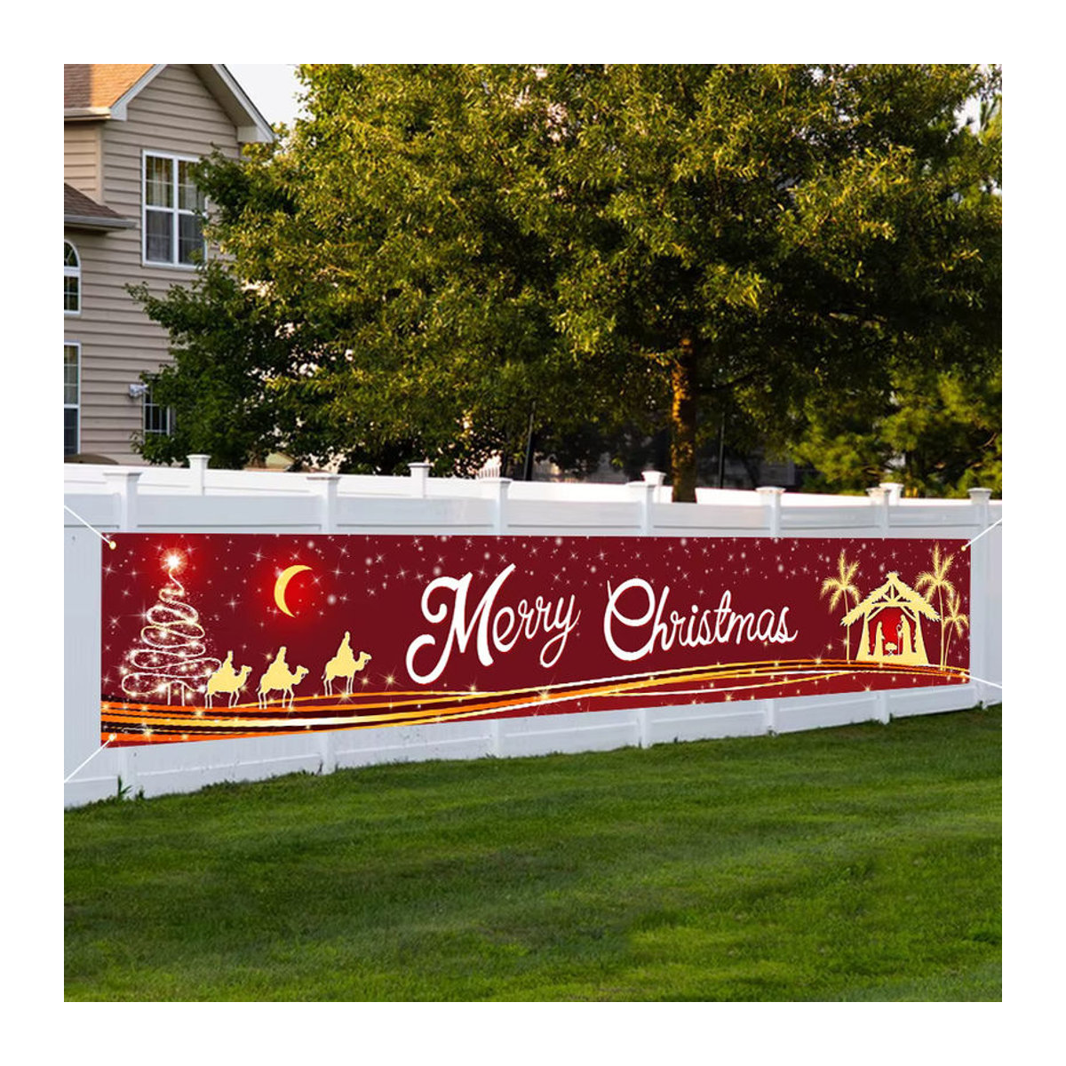 Großes Weihnachtsbanner mit Jesus und Sternen in Rot, hängende Veranda-Dekoration, Breite: 300 cm, Höhe: 50 cm - Bild 1