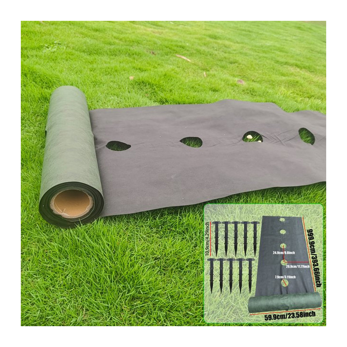 Grün-schwarzes perforiertes Unkrautvlies mit 1 Loch pro Reihe, Breite: 0,6 m, inklusive 10 Bodennägeln zur Unkrautbarriere für deinen Garten - Bild 1
