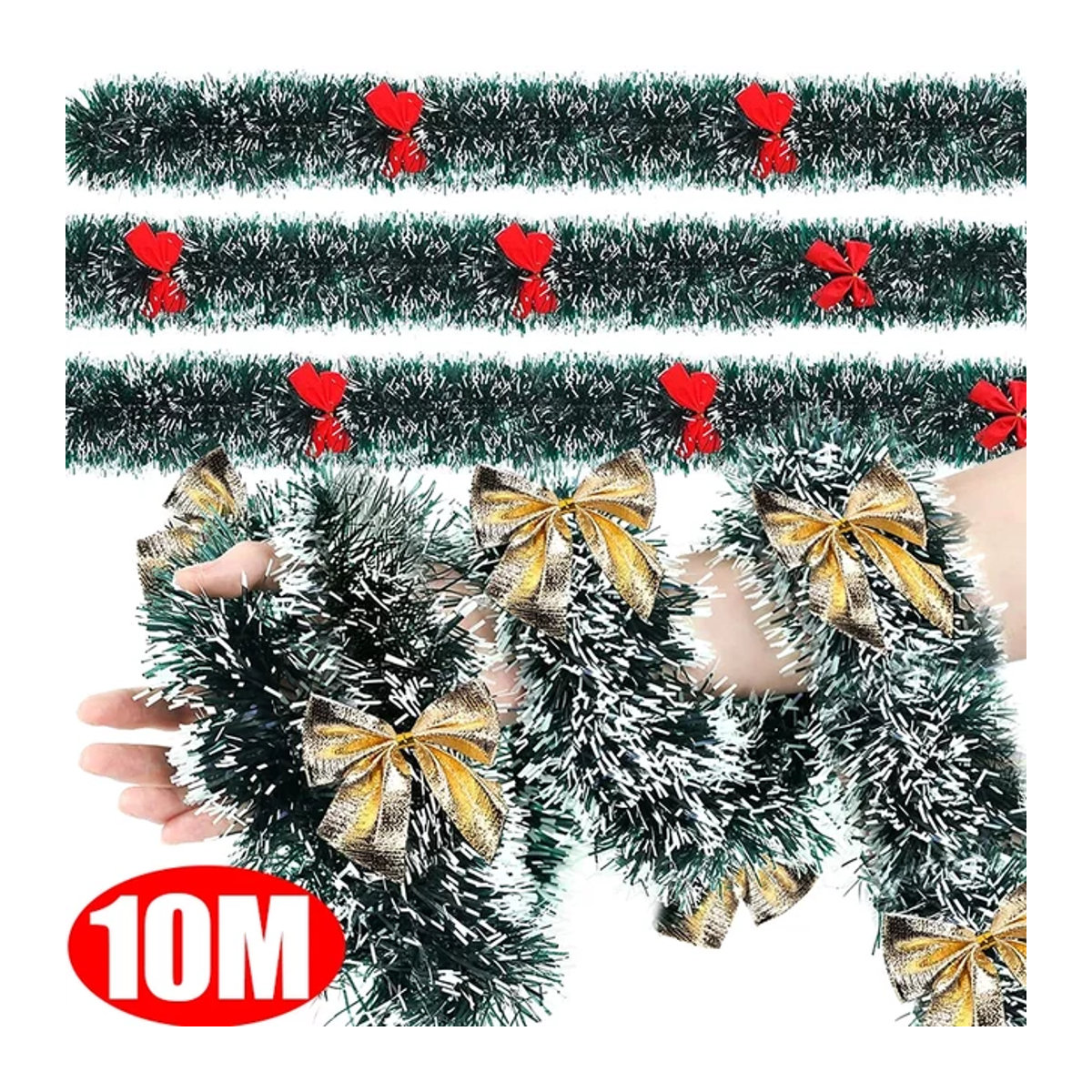 Grüne Weihnachtsband-Girlande mit Frost-Effekt und Schleifen aus Kunststoff für deine Weihnachtsbaum-Dekoration und Party-Deko - Bild 1