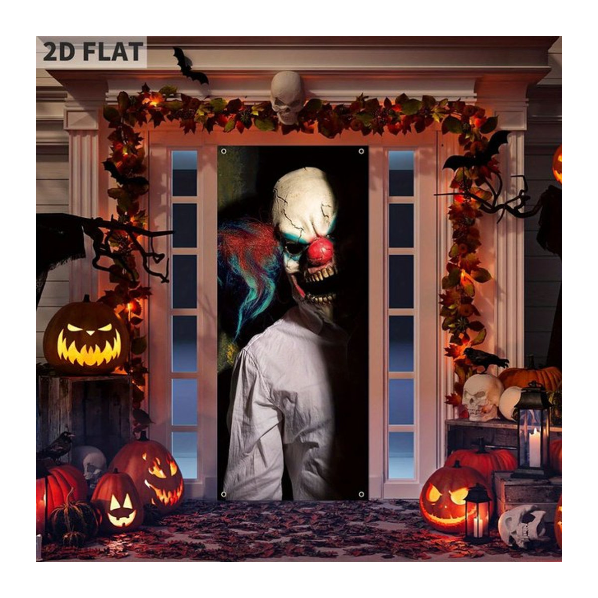 Gruselige Halloween-Clown-Türabdeckung als hängendes Banner für Haustür, Veranda oder Hof, mehrfarbig, Breite: 88,9 cm, Höhe: 200,66 cm - Bild 1