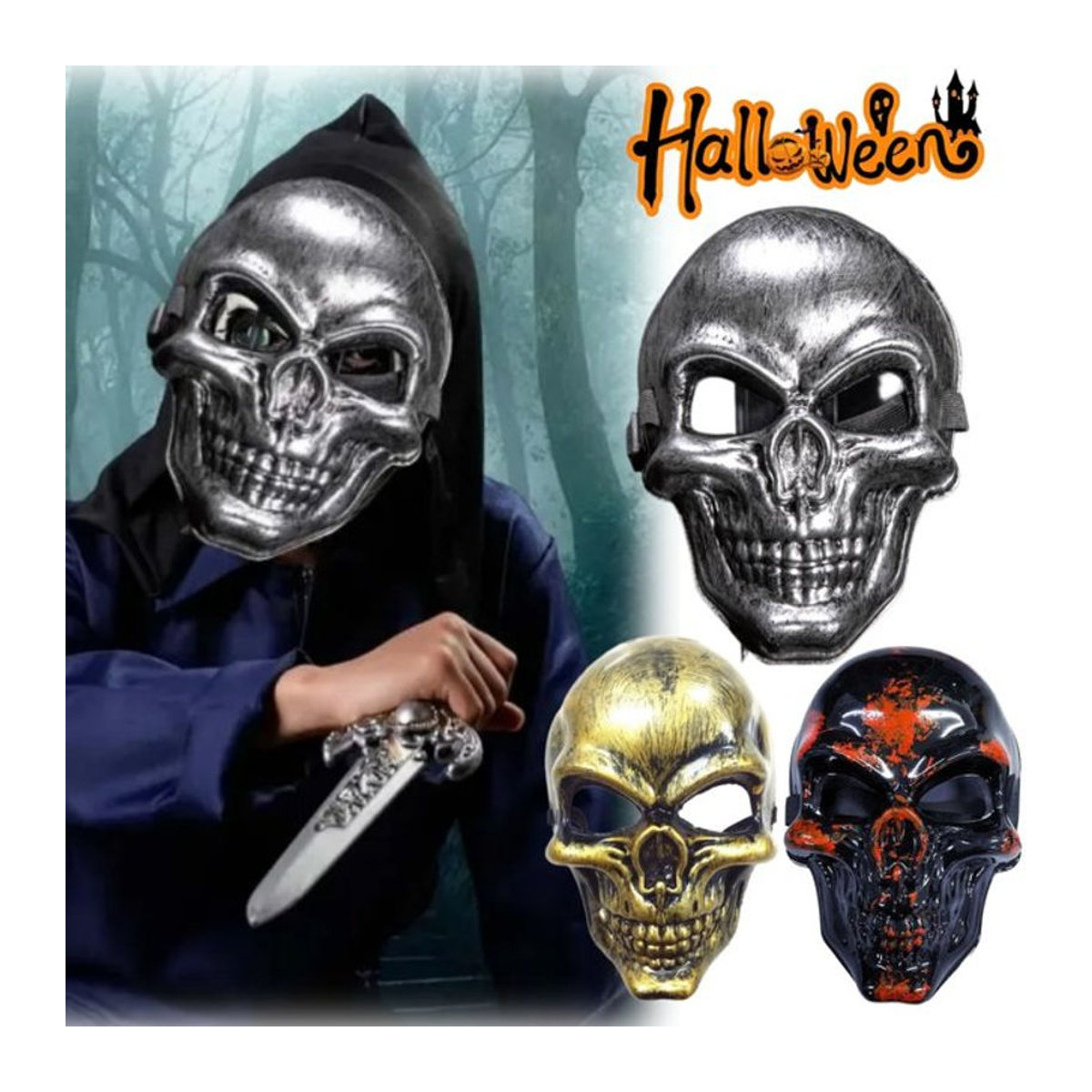 Gruselige Halloween-Schädel-Kopfmaske in Silber aus Kunststoff für Party-Dekoration und Horror-Shows - Bild 1
