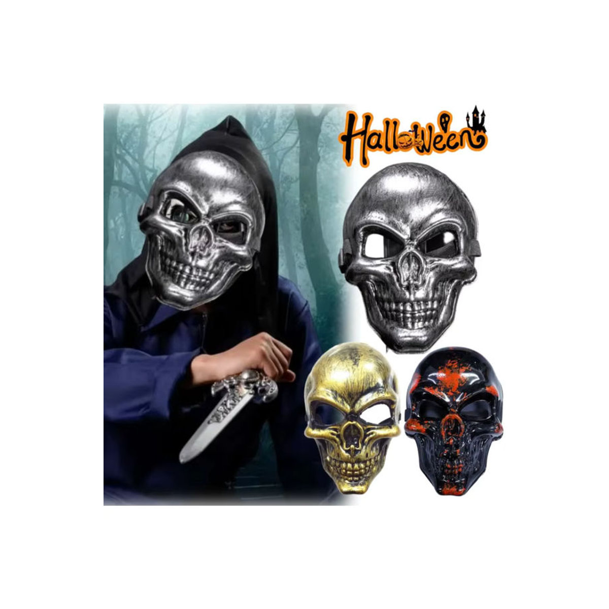 Gruselige Halloween-Schädel-Kopfmaske in Silber aus Kunststoff für Party-Dekoration und Horror-Shows - Bild 6
