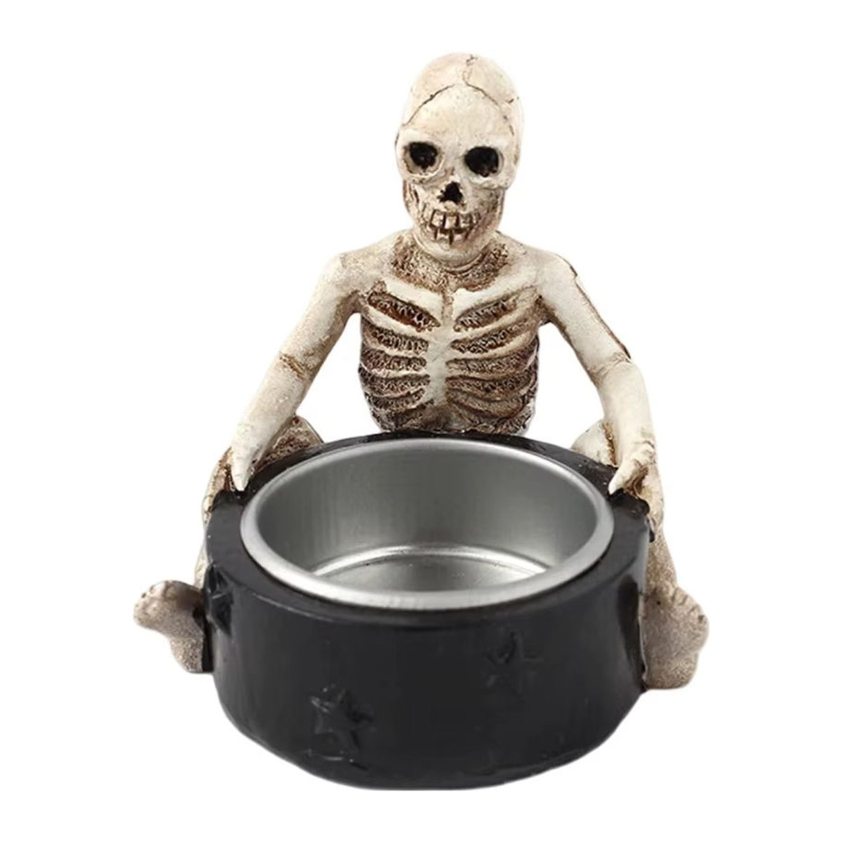 Gruseliger Halloween-Skelett-Kerzenhalter aus Kunstharz in Weiß für Teelichter als Tischdekoration - Bild 5