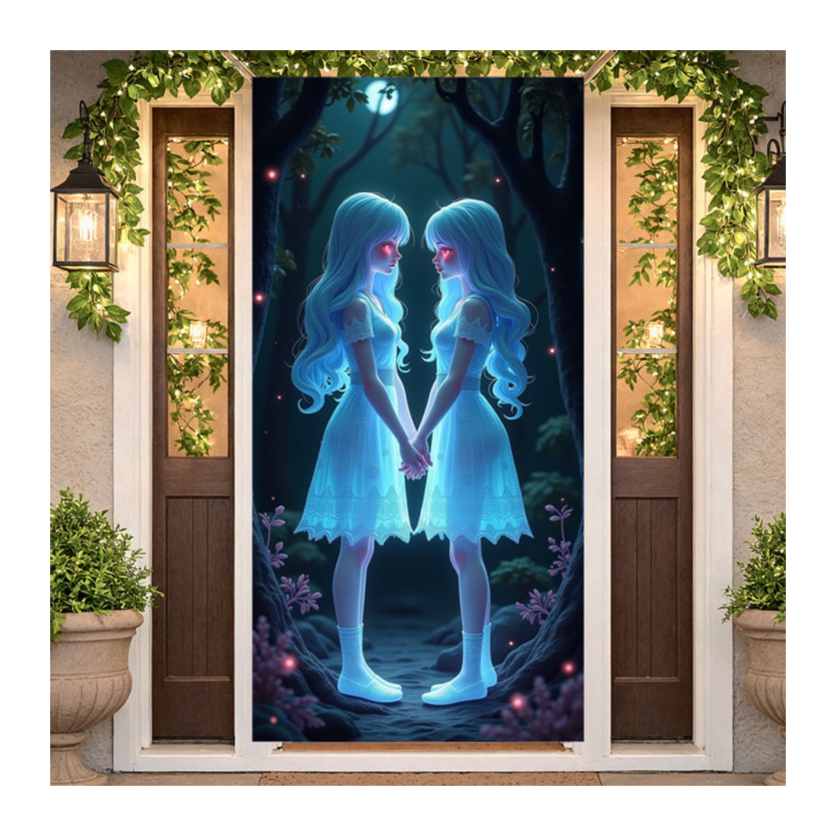 Gruseliges Halloween-Banner mit Horror-Zwillingen im Nachtwald-Design, mehrfarbig, Textil-Dekoration im Querformat - Bild 1
