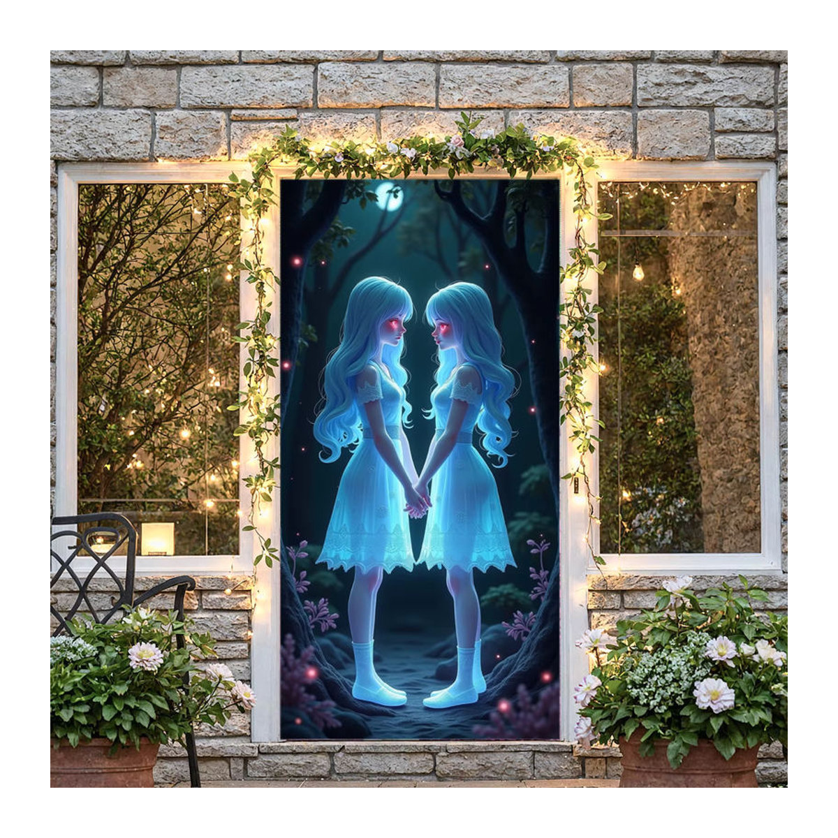 Gruseliges Halloween-Banner mit Horror-Zwillingen im Nachtwald-Design, mehrfarbig, Textil-Dekoration im Querformat - Bild 3