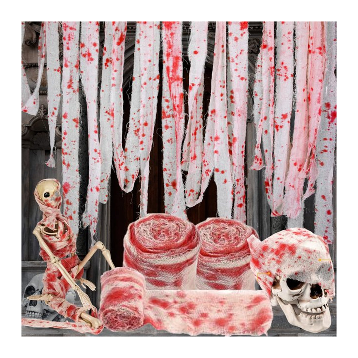 Gruseliges Halloween Blutgaze-Tuch in Weiß mit Streifen als dekorativer Stoff für Party, Türvorhang oder Kostüme - Bild 1