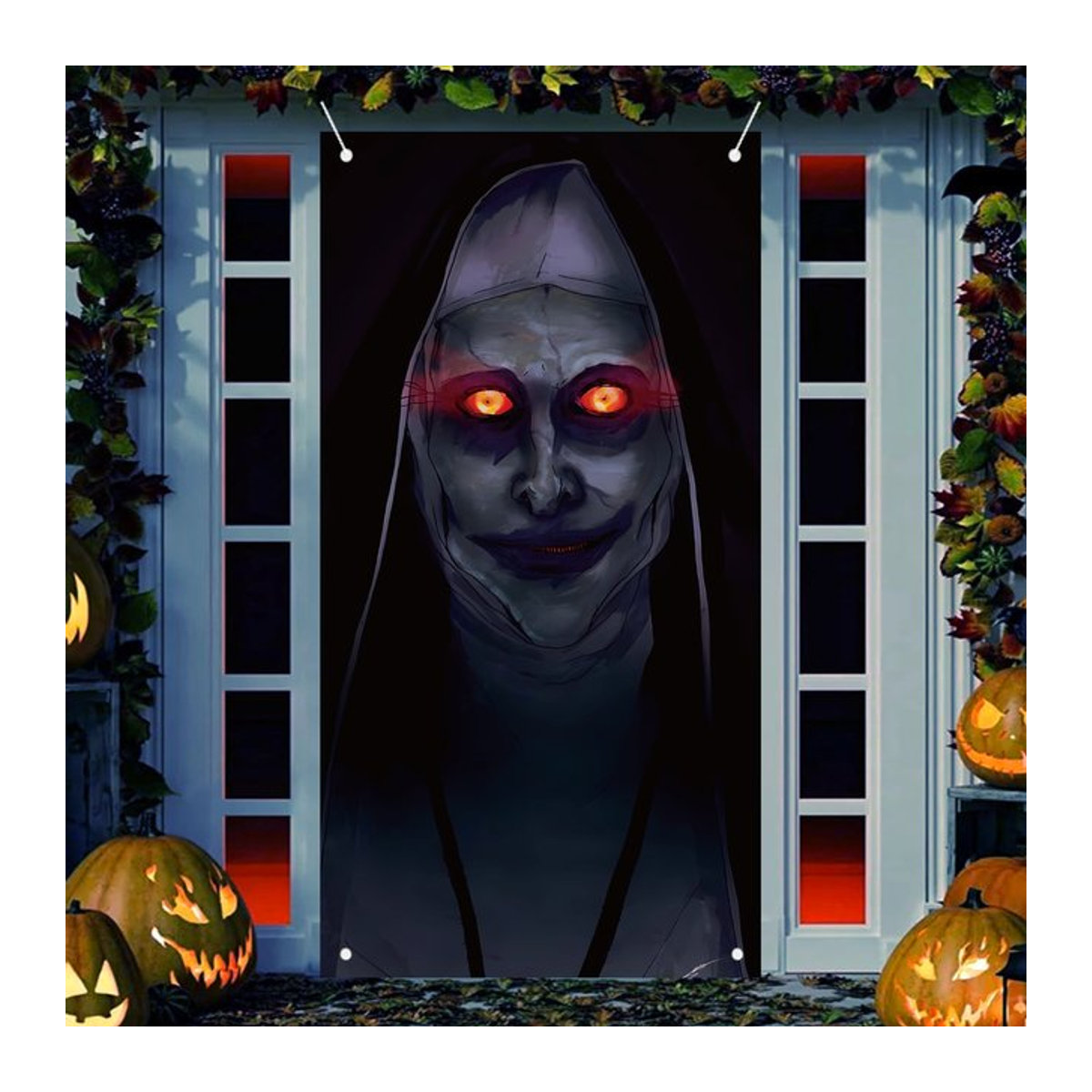 Gruseliges Halloween Party Banner mit Nonne und Zombie Motiv in Schwarz als hängende Dekoration für deine Haustür - Bild 1