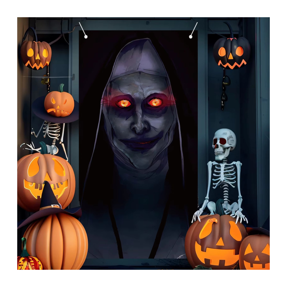 Gruseliges Halloween Party Banner mit Nonne und Zombie Motiv in Schwarz als hängende Dekoration für deine Haustür - Bild 4