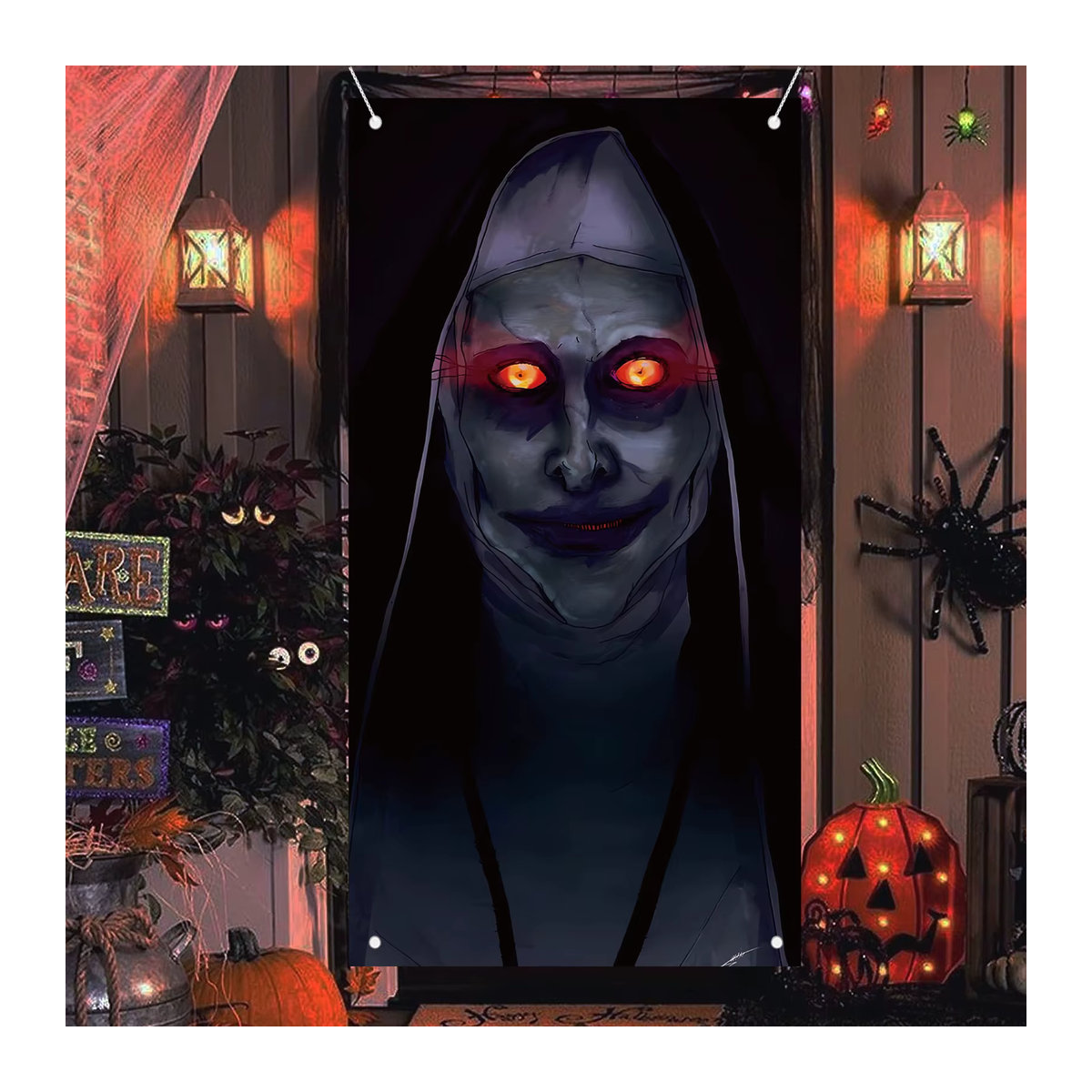 Gruseliges Halloween Party Banner mit Nonne und Zombie Motiv in Schwarz als hängende Dekoration für deine Haustür - Bild 5