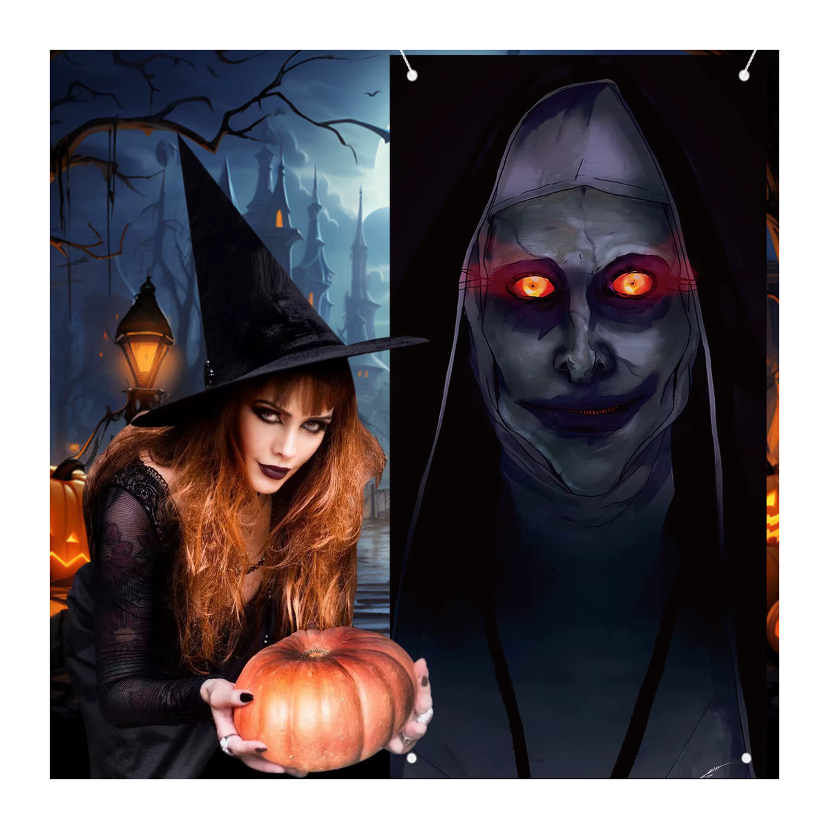 Gruseliges Halloween Party Banner mit Nonne und Zombie Motiv in Schwarz als hängende Dekoration für deine Haustür - Bild 6