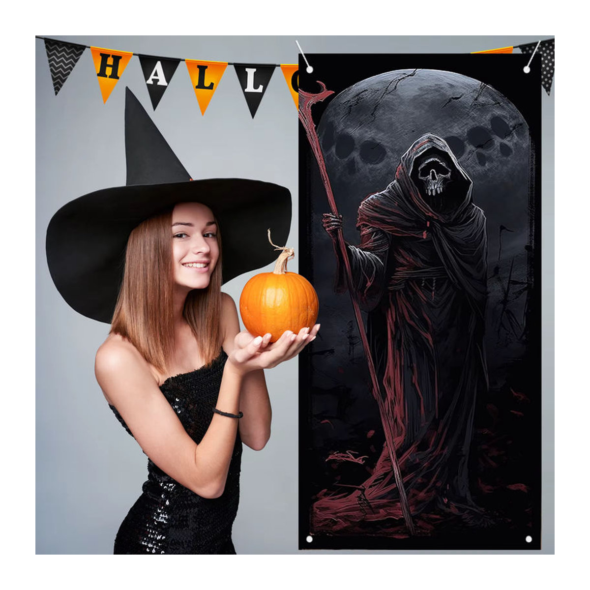 Gruseliges Halloween-Türbanner mit Skelett und Sensenmann in Schwarz als rechteckige Partydekoration - Bild 2