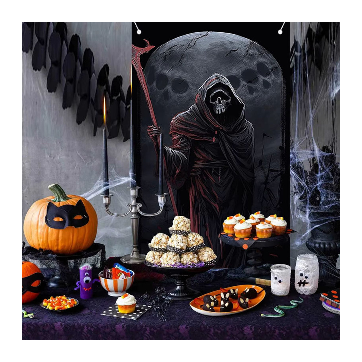 Gruseliges Halloween-Türbanner mit Skelett und Sensenmann in Schwarz als rechteckige Partydekoration - Bild 5