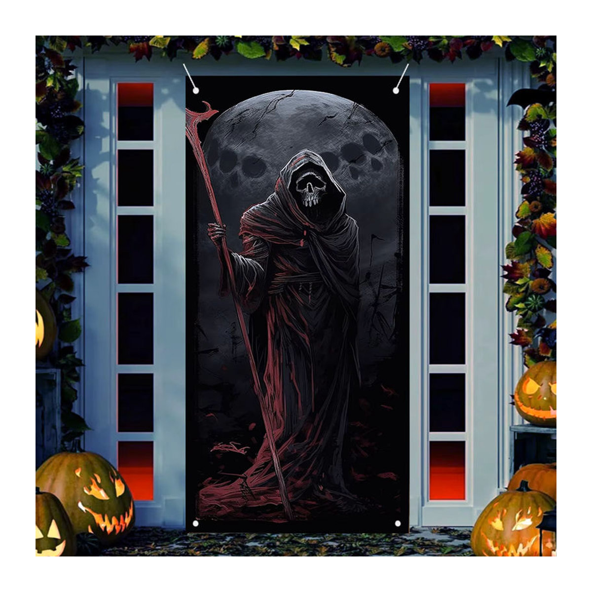 Gruseliges Halloween-Türbanner mit Skelett und Sensenmann in Schwarz als rechteckige Partydekoration - Bild 6