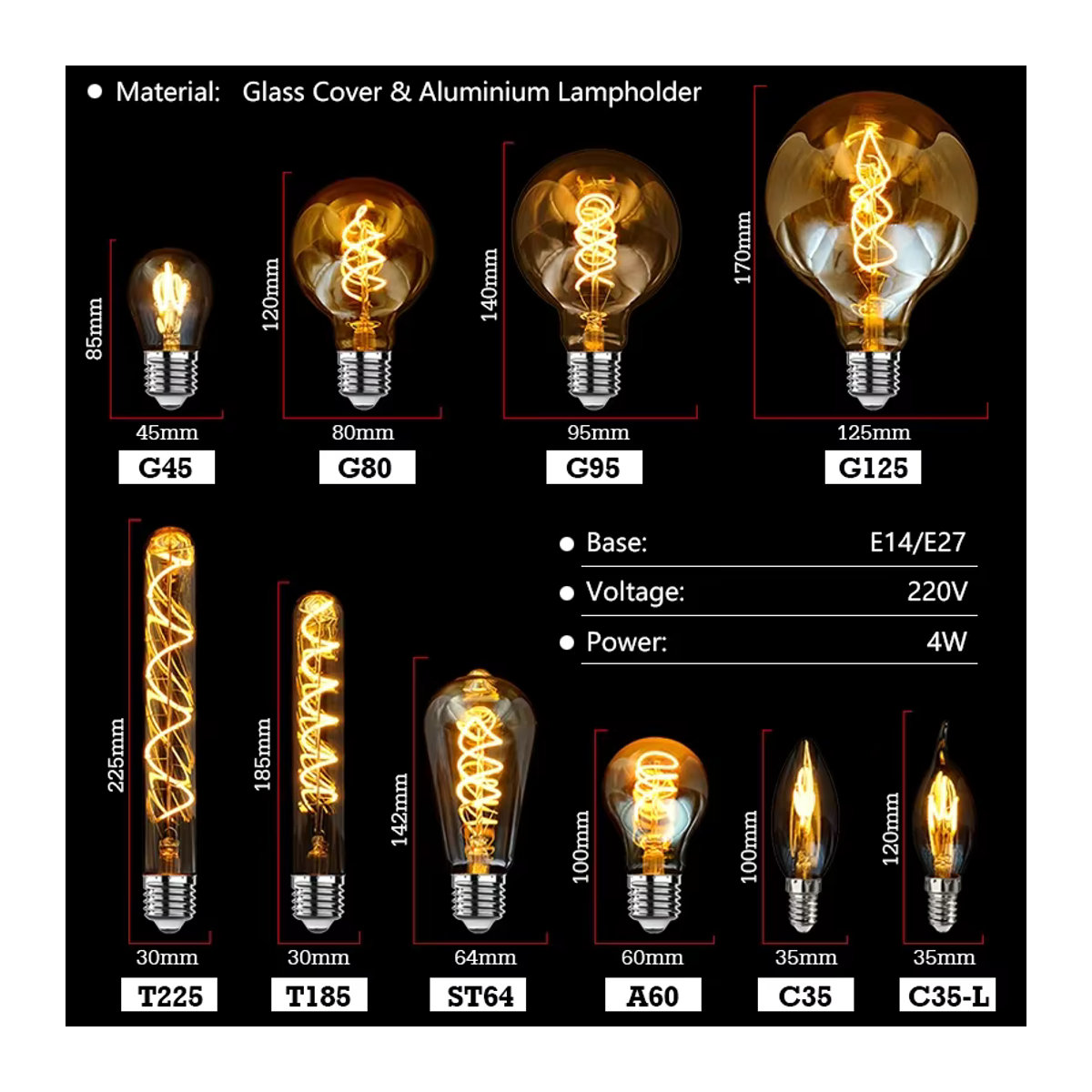 GRZBI Vintage LED Filament Glühbirne Retro Dimmbar Warmweiß E14 E27 4W - Bild 2