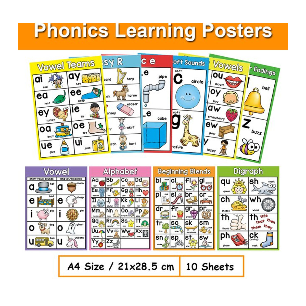 GSF 10er Set Phonics Lernposter für Kinder zur englischen Sprachförderung, mehrfarbig, Papier, B: 21 cm, H: 28,5 cm - Bild 1