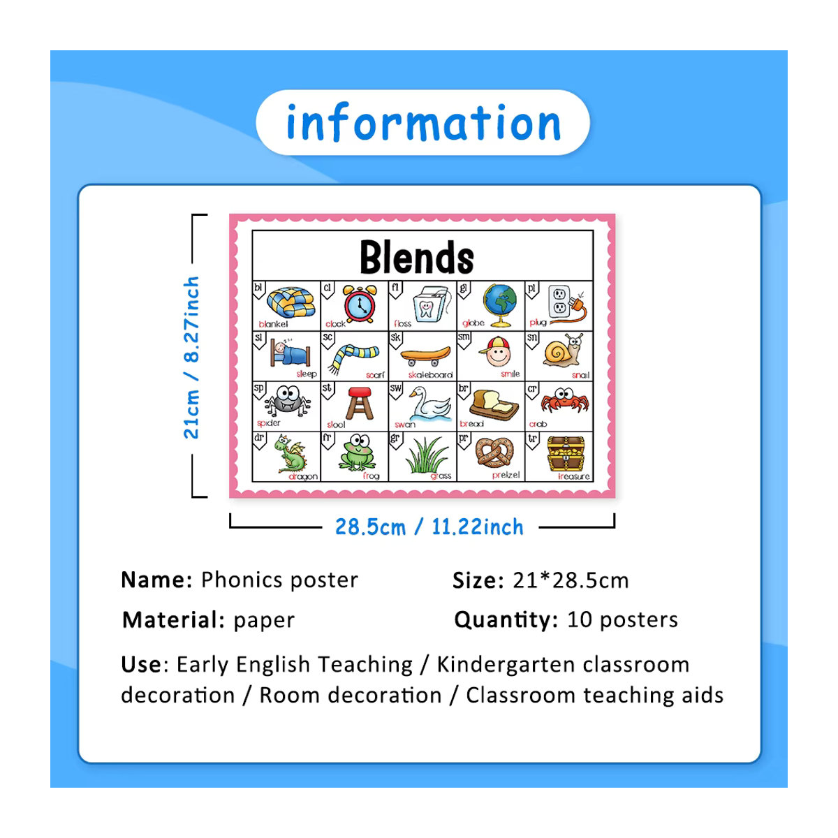 GSF Phonics Lernposter Englisch für Kinder, Pädagogisches Montessori Wandposter zur Typografie, mehrfarbig, B/H: 21 x 28,5 cm - Bild 3