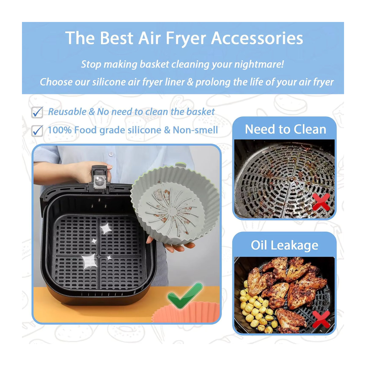 GTLCONIE Air Fryer Silikoneinlagen rund, wiederverwendbare Airfryer-Einlagen aus lebensmittelechtem Silikon, erhältlich in Orange oder Grau - Bild 4