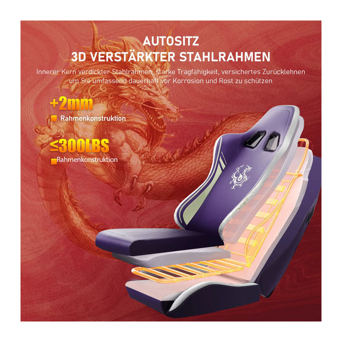 GTPLAYER Dragon Series Gaming Stuhl mit Bluetooth-Lautsprechern und Fußstütze aus Kunstleder in Grau oder Blau - Bild 2