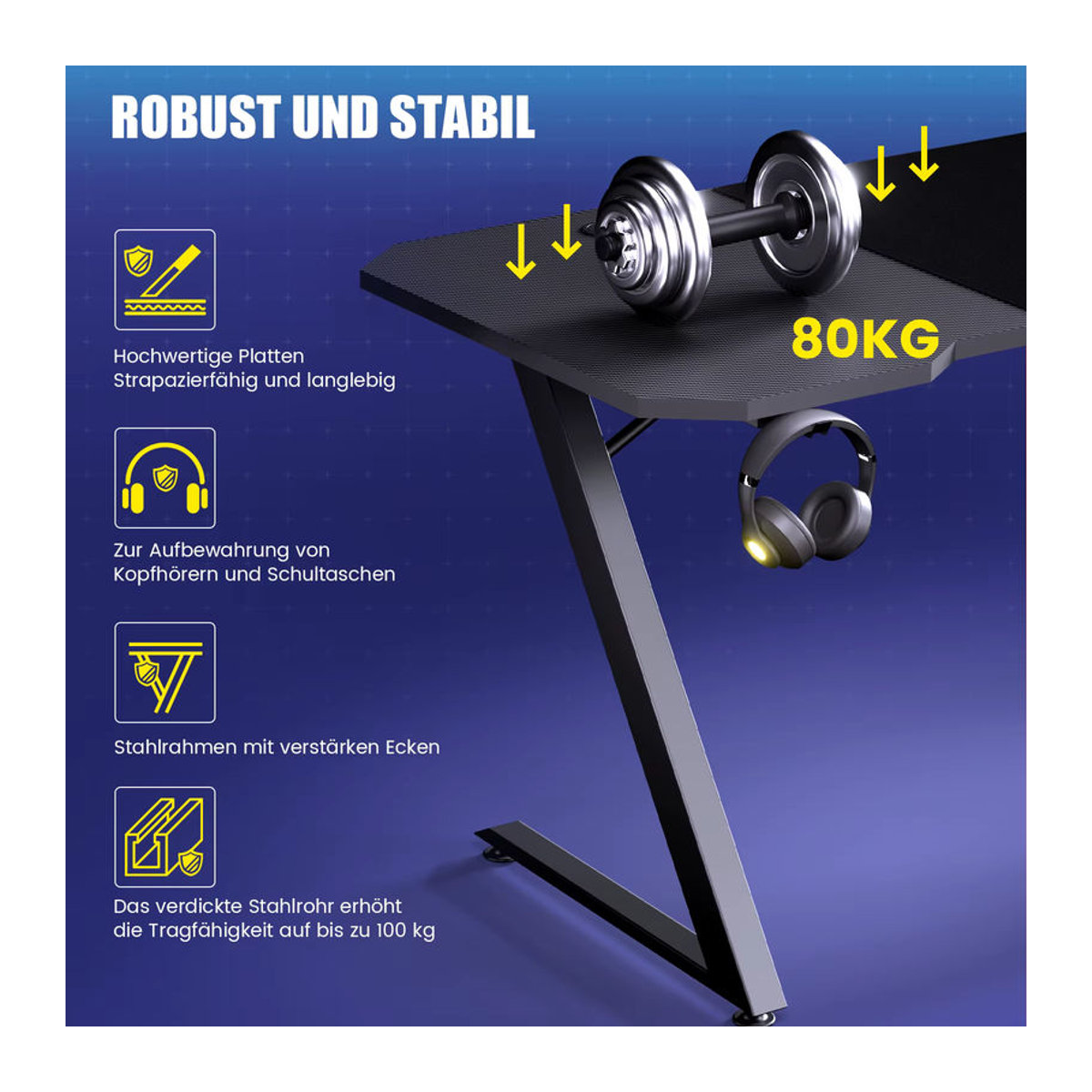 GTPLAYER Gaming Schreibtisch mit Kohlefaseroberfläche und LED in Schwarz, B: 120 cm, T: 60 cm - Bild 4