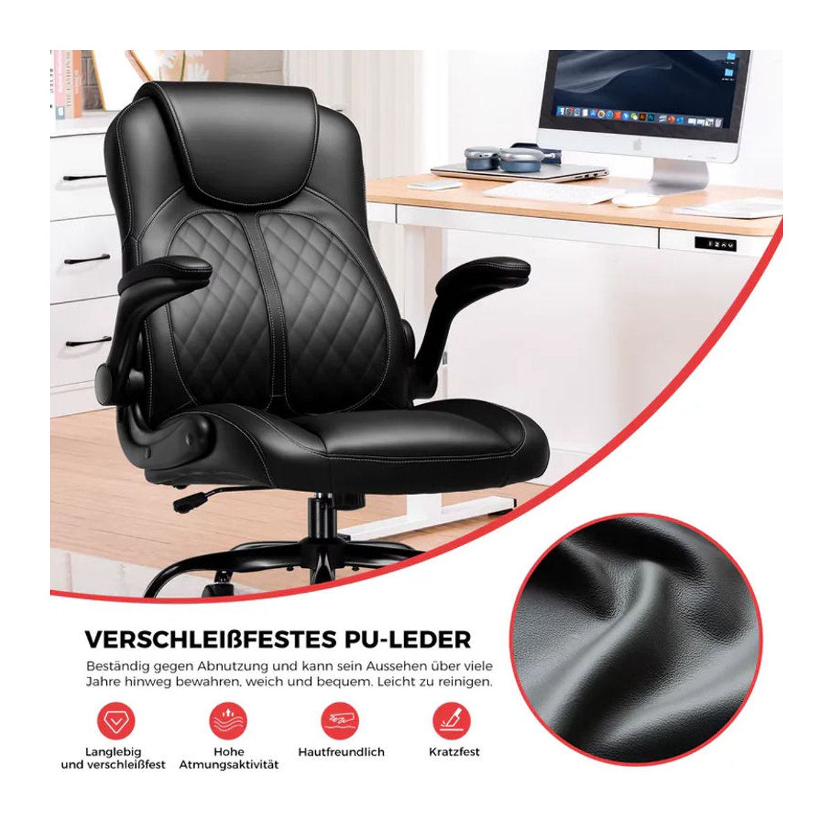 GTPLAYER Gaming Stuhl mit Schaukelfunktion und hochklappbaren Armlehnen aus Kunstleder in Schwarz/Weiß - Bild 3