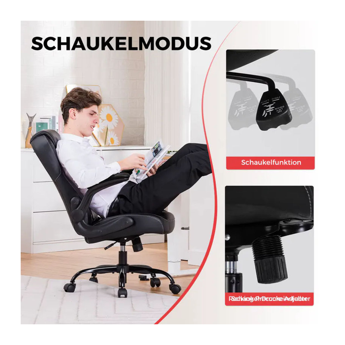 GTPLAYER Gaming Stuhl mit Schaukelfunktion und hochklappbaren Armlehnen aus Kunstleder in Schwarz/Weiß - Bild 5