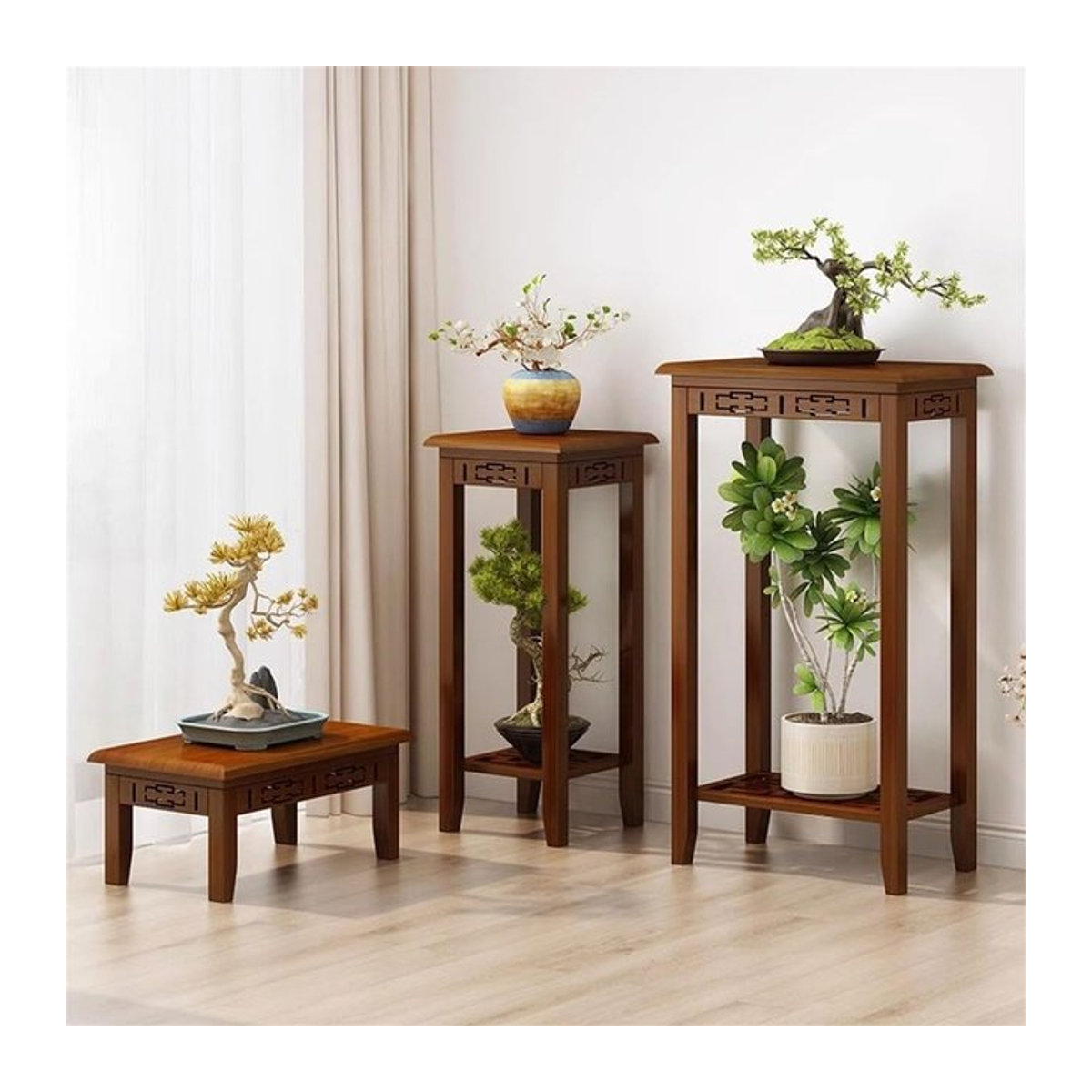 GUANGLIE Holz-Seitenregal in Braun für Wohnzimmer und Büro als klassisches Pflanzenregal und Bonsai-Ständer im orientalischen Design - Bild 1