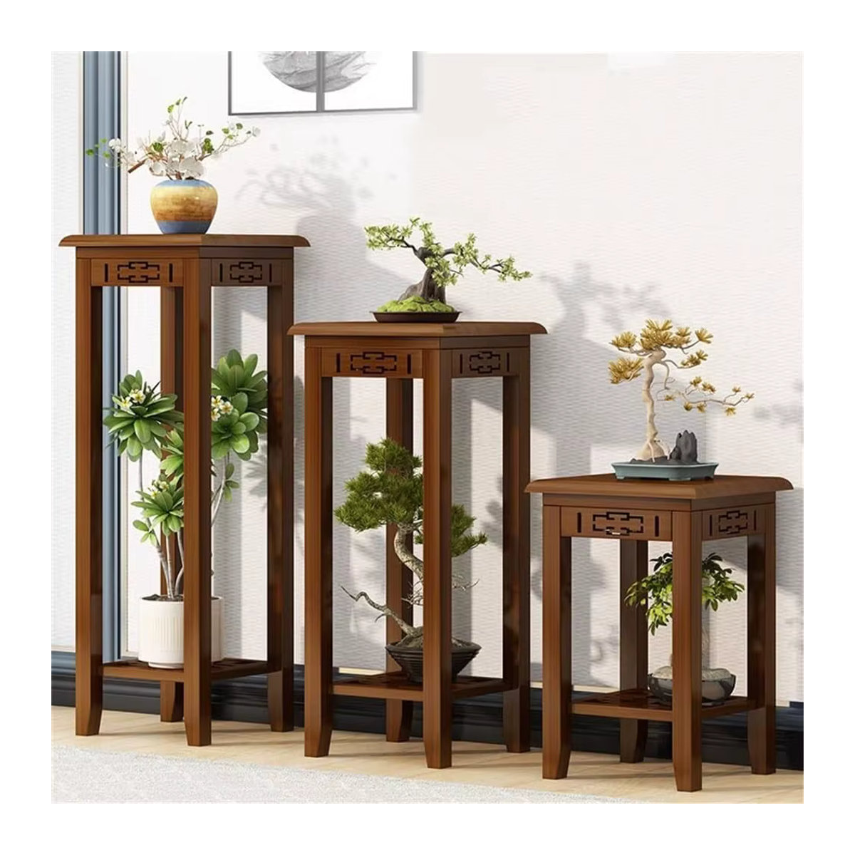 GUANGLIE Holz-Seitenregal in Braun für Wohnzimmer und Büro als klassisches Pflanzenregal und Bonsai-Ständer im orientalischen Design - Bild 3
