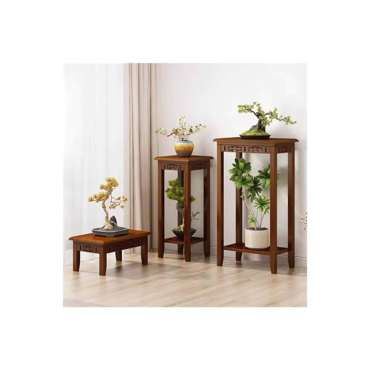 GUANGLIE Holz-Seitenregal in Braun für Wohnzimmer und Büro als klassisches Pflanzenregal und Bonsai-Ständer im orientalischen Design - Bild 6