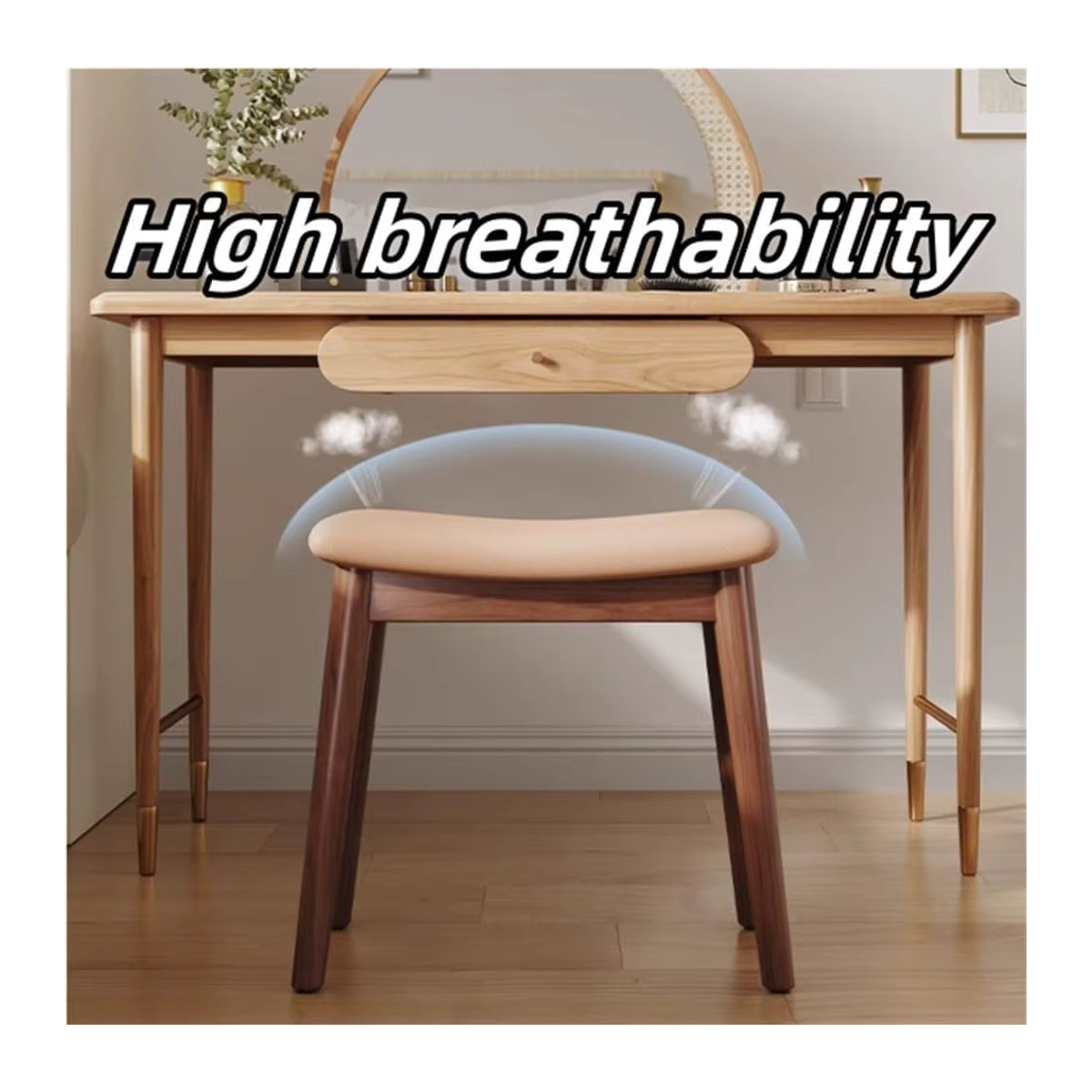 GUANGLIE Polsterhocker aus Leder und Massivholz in Weiß und Beige im Mid-Century Design - Bild 2