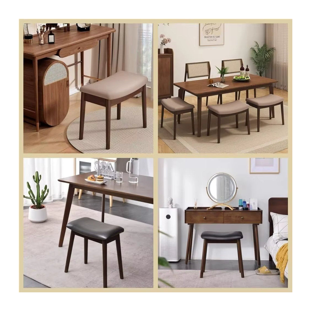 GUANGLIE Polsterhocker aus Leder und Massivholz in Weiß und Beige im Mid-Century Design - Bild 5