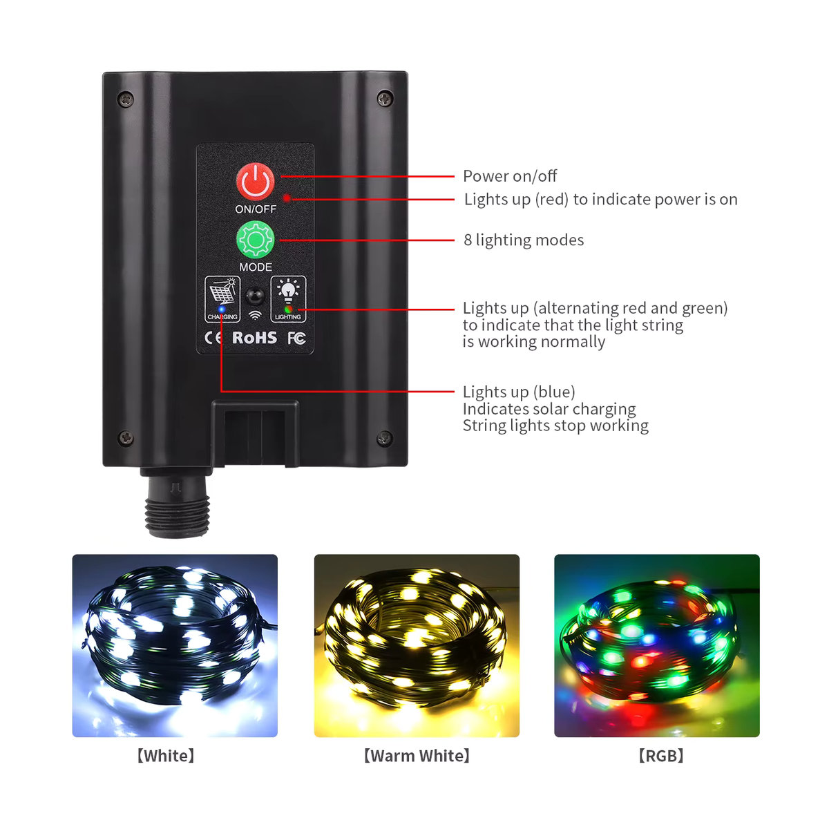 Guillermo Solar LED Lichterkette Wasserdichte Outdoor Solar Girlande in Weiß - Bild 4
