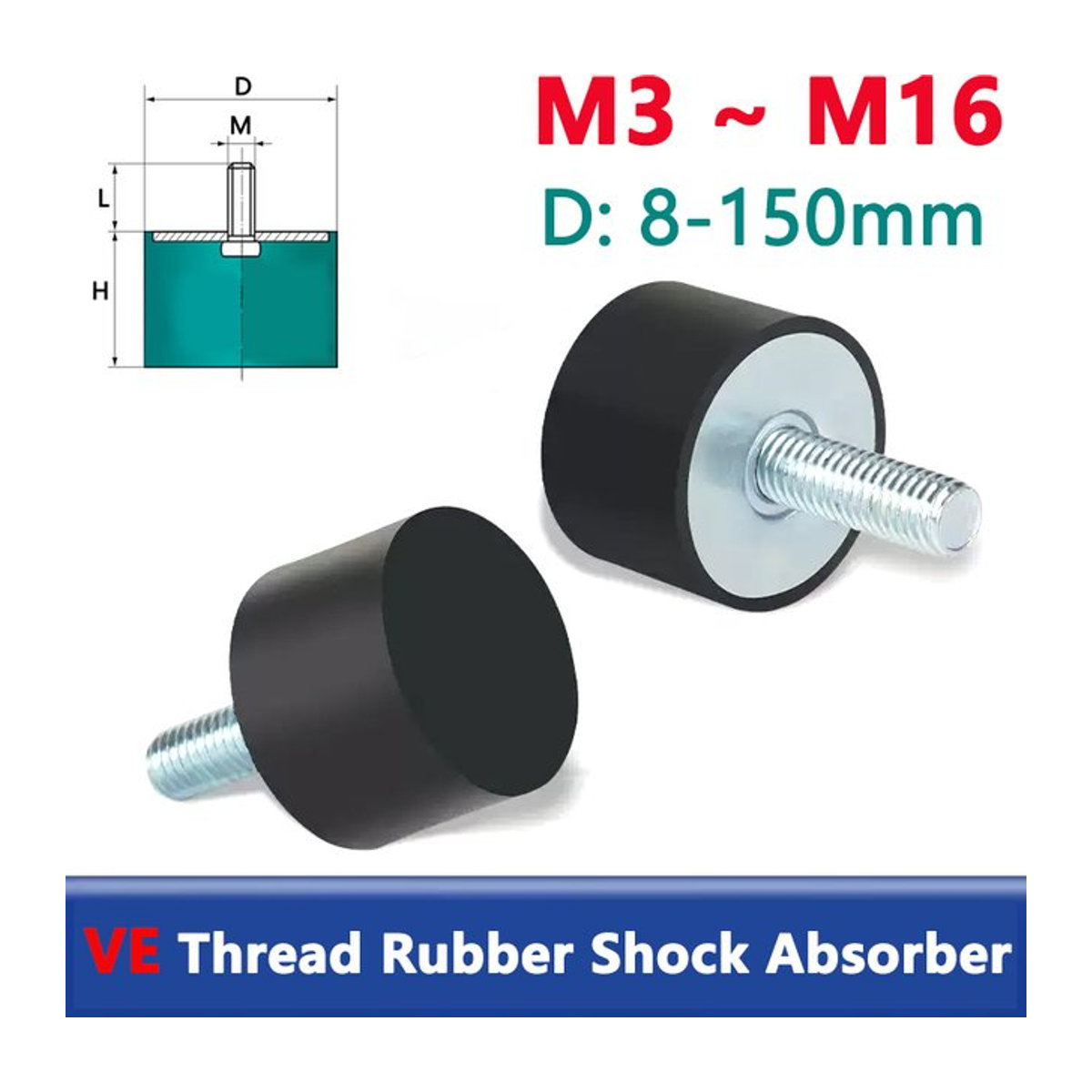 Gummi Stoßdämpfer VE-Typ Anti-Vibrations-Dämpfer mit Außengewinde in Schwarz für M3 M4 M5 M6 M8 M10 M12 M16 - Bild 1