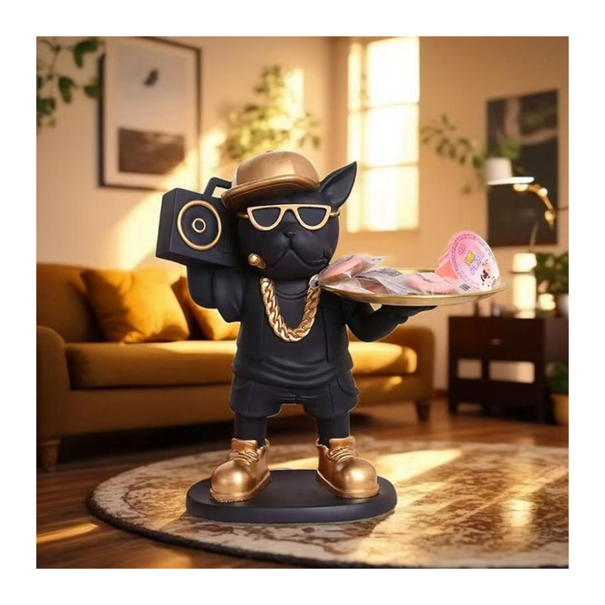 GUOFEI Bulldogge Hund Ornament aus Kunstharz in Schwarz als dekorative Ablage für Wohnzimmer und Eingangsbereich - Bild 1