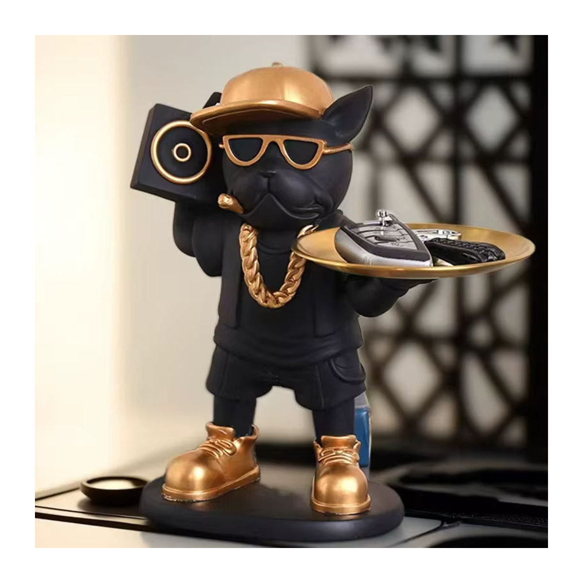 GUOFEI Bulldogge Hund Ornament aus Kunstharz in Schwarz als dekorative Ablage für Wohnzimmer und Eingangsbereich - Bild 2