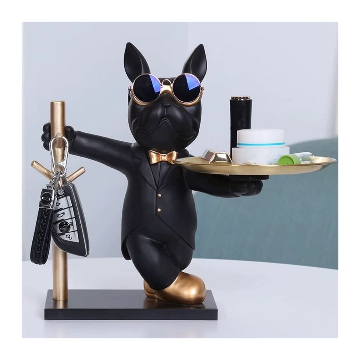 GUOFEI Bulldogge Skulptur als Butler Aufbewahrungsbox mit Tablett, Nordische Tischdekoration aus Kunstharz, Grau - Bild 4